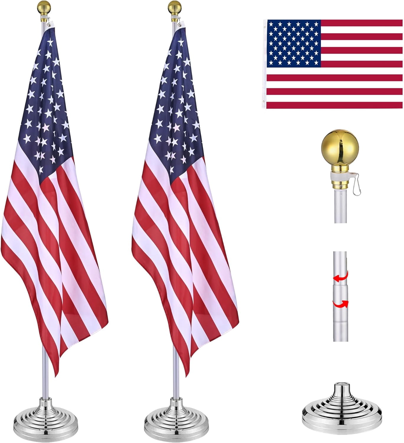 8 Ft Telescoping Indoor Flagpole Kit w/Ball Base Aluminum 3x5 Ft US Flag 2 Pack