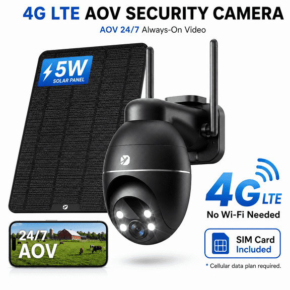 C7G 4G LTE Cellular Solar Outdoor Security Camera, 3MP AOV 24/7 Recording, No WiFi, SIM Included, 9000mAh Battery, 5W Solar Panel, AI Person and Vehicle Detection, PTZ, IP66, Black