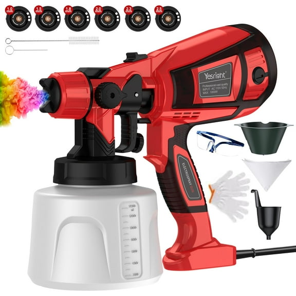 YesRight 1000W Paint Sprayer for House Painting 32000RPM Spray Paint Gun with Adjustable 3 Patterns, 1400ml High Capacity Electric Spray Gun with 6 Nozzles Goggles for Fence Furniture Cabinets Home