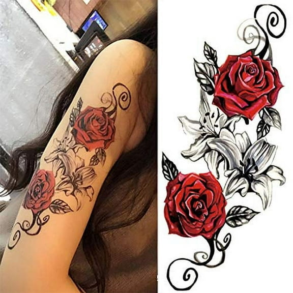 Yesallwas 4 Sheets Large Temporary Tattoo Sticker Fake Tattoos for Women Girls Models,Waterproof Long Lasting Body Art Makeup Sexy Realistic Arm Tattoos -Rose, Flowers?Jewelry 5.9x8.26inche