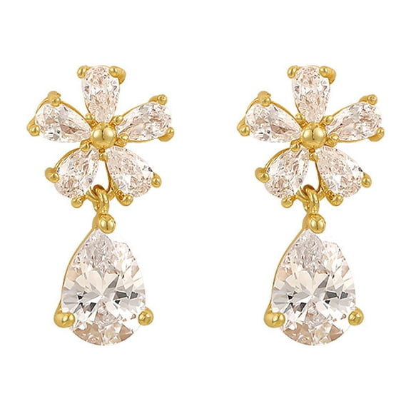 Yesbay 1 Pair Stud Earrings Clear Waterdrop Golden Elegant Luxury Rhinestone Inlaid Flower Dangle Earrings Jewelry