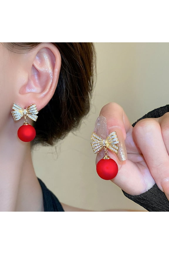 1 Pair Women Earrings Bow Red Faux Pearl Stud Earrings ,Ear Studs Prom Dating Party Earrings New Year Gift
