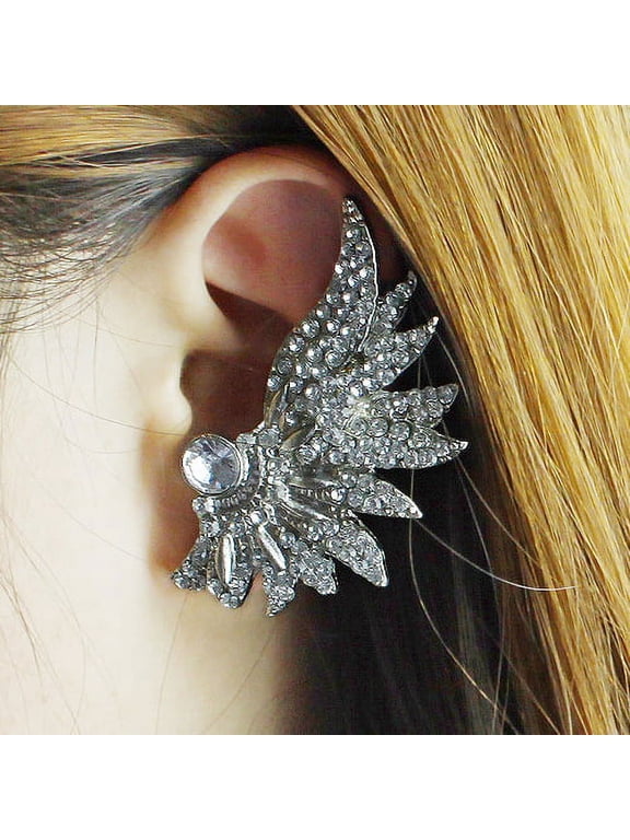 1 Pc Women Punk Wing Ear Cuff Rhinestone Inlaid Clip Stud Earring Club Jewelry-
