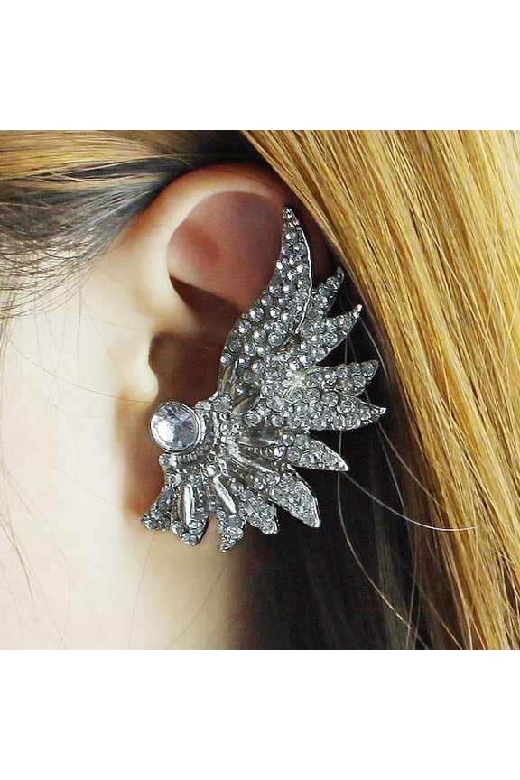 1 Pc Women Punk Wing Ear Cuff Rhinestone Inlaid Clip Stud Earring Club Jewelry-
