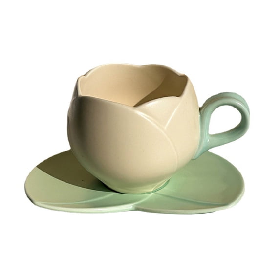 Yesbay 1 Set Coffee Cup Ceramic Tulip Coffee Mug with Coaster Smooth Surface Heat-resistant Tea Cup for Home