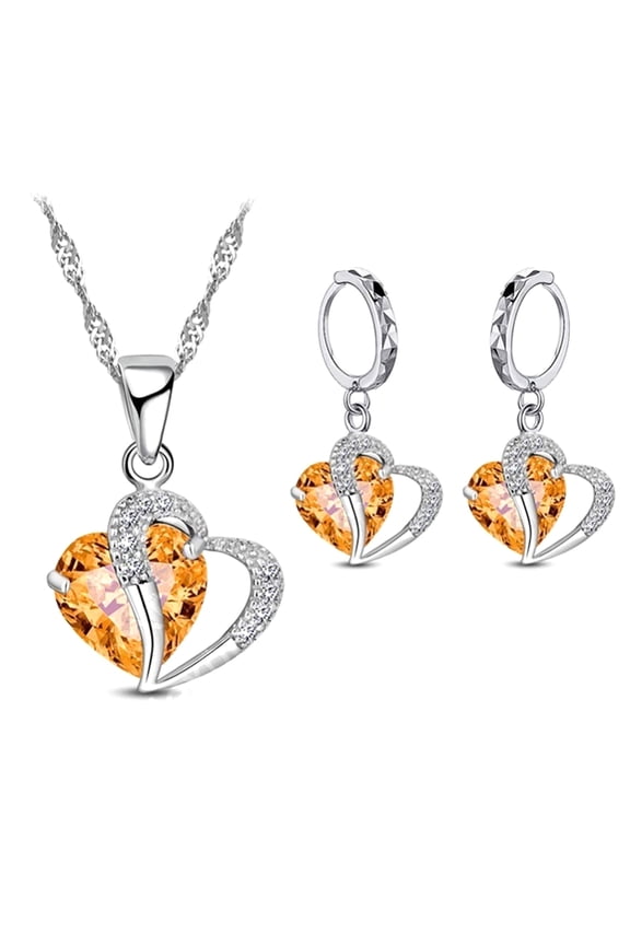 1 Set Drop Earrings Geometric Rhinestone High Gloss Cubic Zirconia Fine Workmanship Decoration Shinny Heart-shaped Pendant Necklace Women Accessory Orange