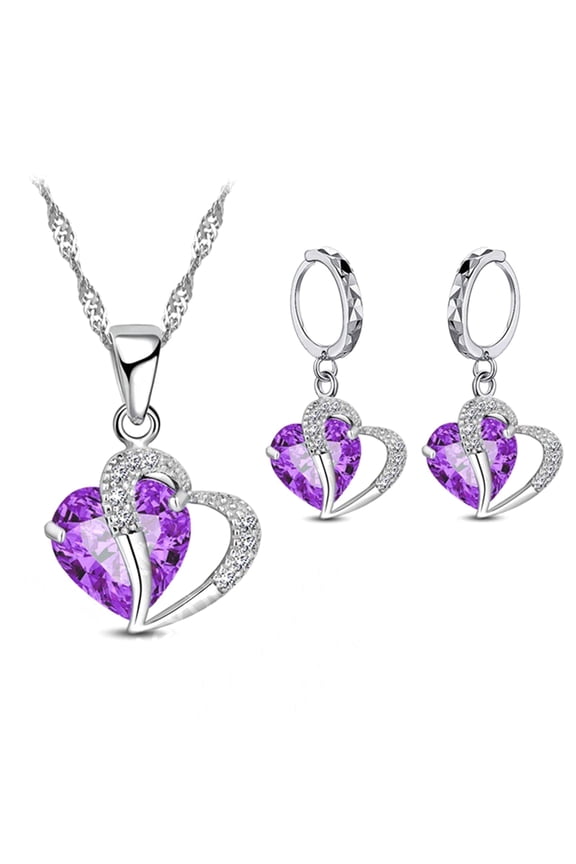 1 Set Drop Earrings Geometric Rhinestone High Gloss Cubic Zirconia Fine Workmanship Decoration Shinny Heart-shaped Pendant Necklace Women Accessory Purple