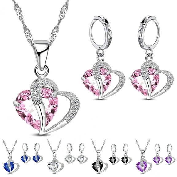 Yesbay 1 Set Drop Earrings Geometric Rhinestone High Gloss Cubic Zirconia Fine Workmanship Decoration Shinny Heart-shaped Pendant Necklace Women Accessory Pink