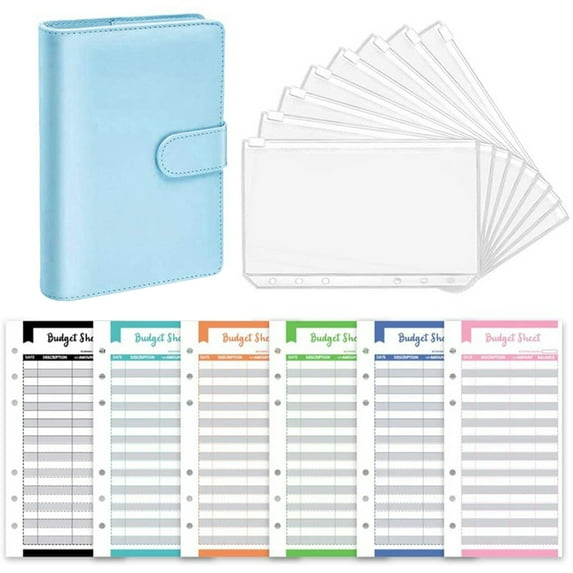 Yesbay 1 Set Durable Scrapbook Notebook Faux Leather 6 Rings Zipper Money Envelope Organizer Budget Planner,Blue