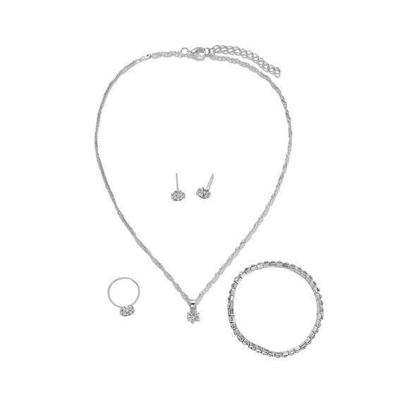 Yesbay 1 Set Women Jewelry Set Earrings Bracelet Necklace Ring Rhinestone Adjustable Ring Stainless Colorfast Lightweight Lady Birthday Gift Mother Present