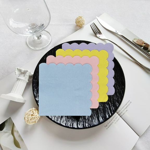 Yesbay 100 Sheets 25CM Scalloped Cocktail Napkin 2 Layers Thick Square Disposable Baby Shower Wedding Birthday Party Dessert Beverage Dinner Paper Napkin