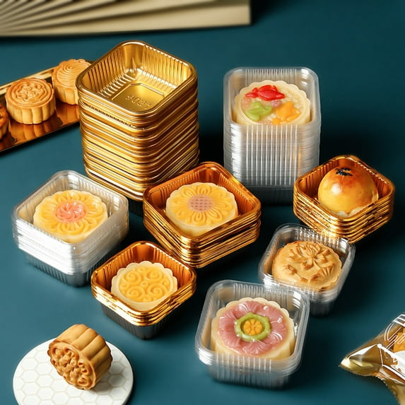 Yesbay 100Pcs Various Sizes Food Grade Moon Cake Trays Waterproof Thick Mooncake Packaging Box Container Holder Bakery Supplies