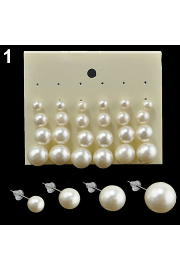 12 Pairs Women Party Ear Studs Faux Pearl Round Earrings Set Jewelry-White