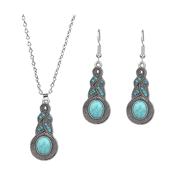 Yesbay 12 Pcs/Set Ethnic Style Faux Turquoise Necklace Earrings Set Women Shining Rhinestones Inlaid Pendant Necklace Hook Earrings Jewelry Set