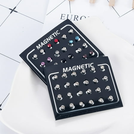 Yesbay 12Pairs/Set Unisex Rhinestone Inlaid Magnetic Stud Earrings Non Piercing Jewelry