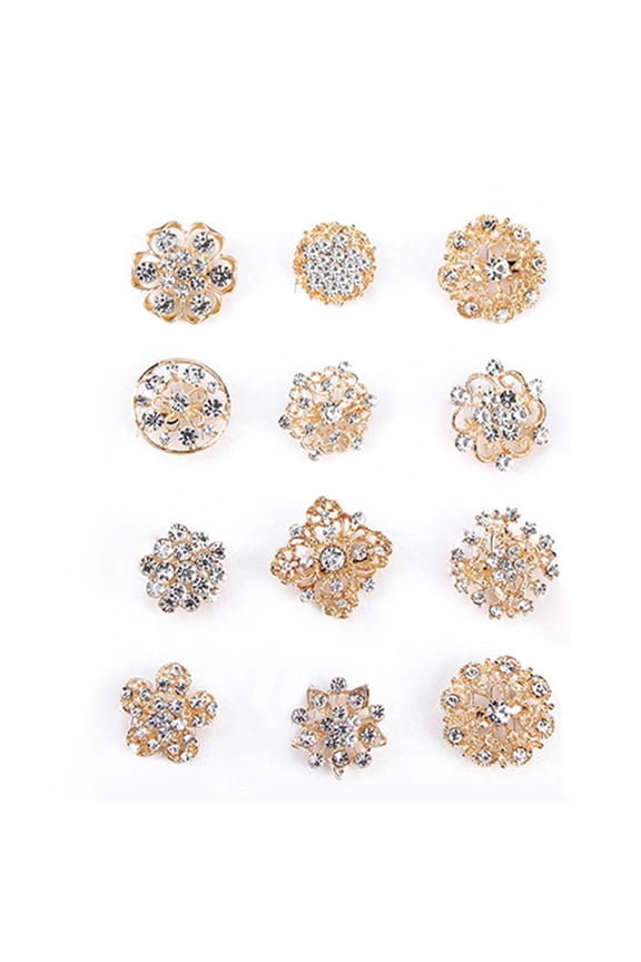 12Pcs Flower Hollow Shiny Rhinestone Wedding Bridal Scarf Brooch Pins Xmas Gift
