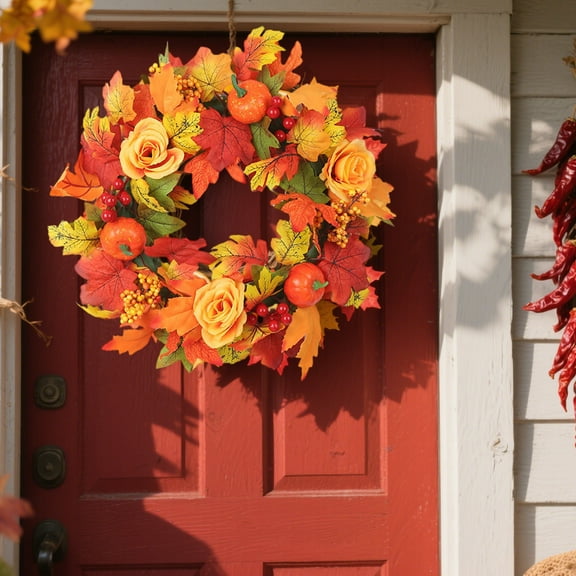 Yesbay 18 Inch Fall Wreath for Front Door Maple Leaf Wreath with Artificial Pumpkin Berries for Farmhouse Thanksgiving Halloween Harvest Festival Decor