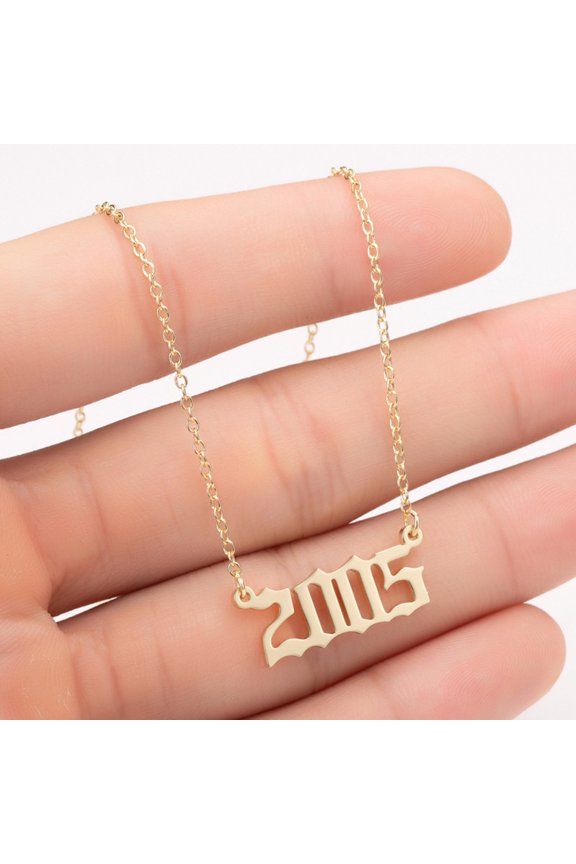 1980-2019 Birth Year Number Charm Pendant Stainless Steel Chain Necklace Jewelry-Golden 2005#
