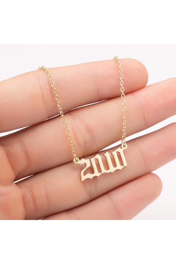 1980-2019 Birth Year Number Charm Pendant Stainless Steel Chain Necklace Jewelry-Golden 2010#