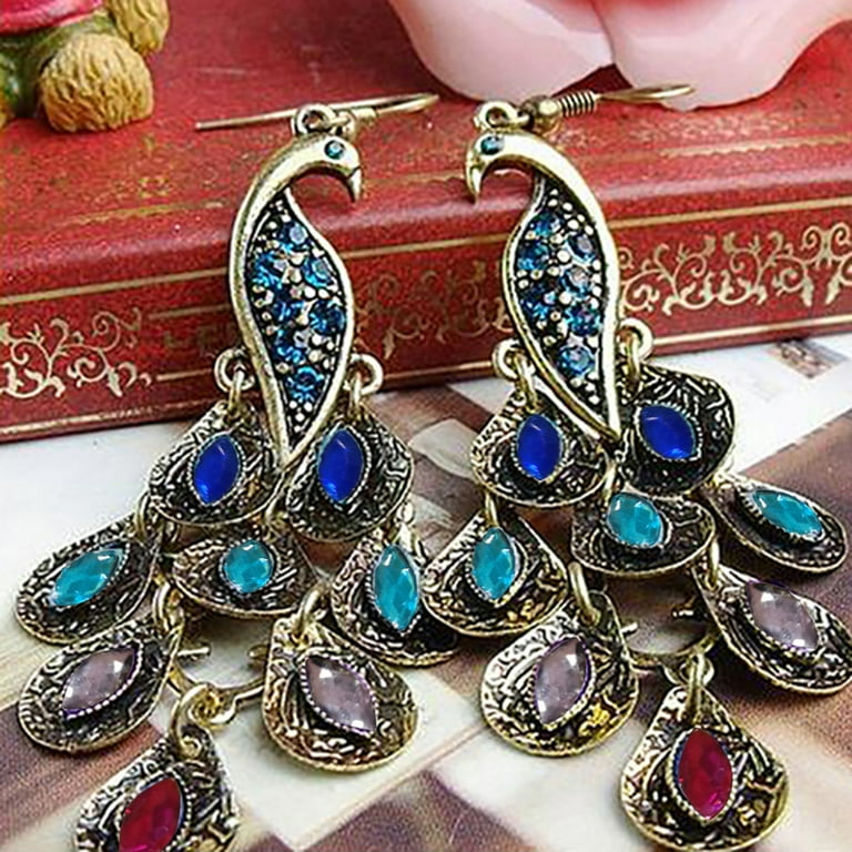 Yesbay 2 Pair Women Vintage Bohemian Style Peacock Drop Hook Earrings Jewelry