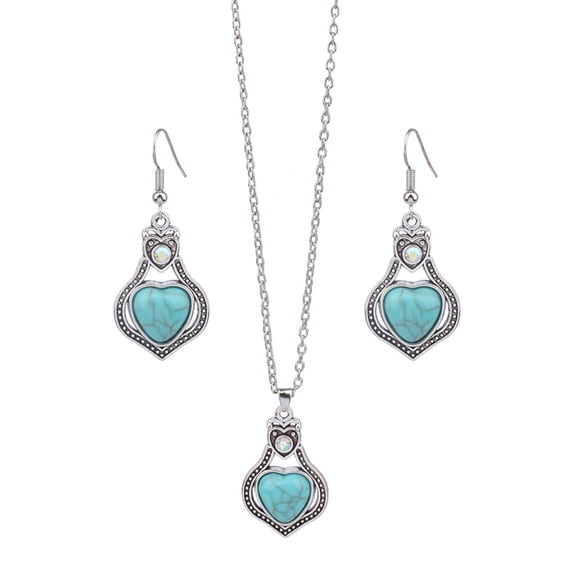 Yesbay 2 Pcs/Set Ethnic Style Faux Turquoise Necklace Earrings Set Women Shining Rhinestones Inlaid Pendant Necklace Hook Earrings Jewelry Set