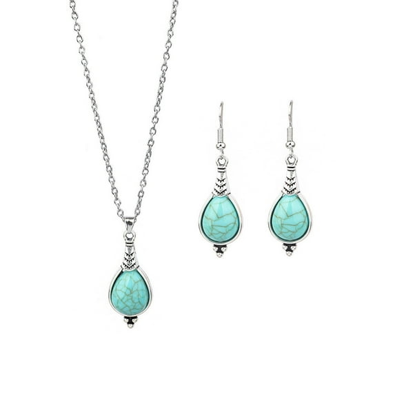 Yesbay 2 Pcs/Set Ethnic Style Faux Turquoise Necklace Earrings Set Women Shining Rhinestones Inlaid Pendant Necklace Hook Earrings Jewelry Set