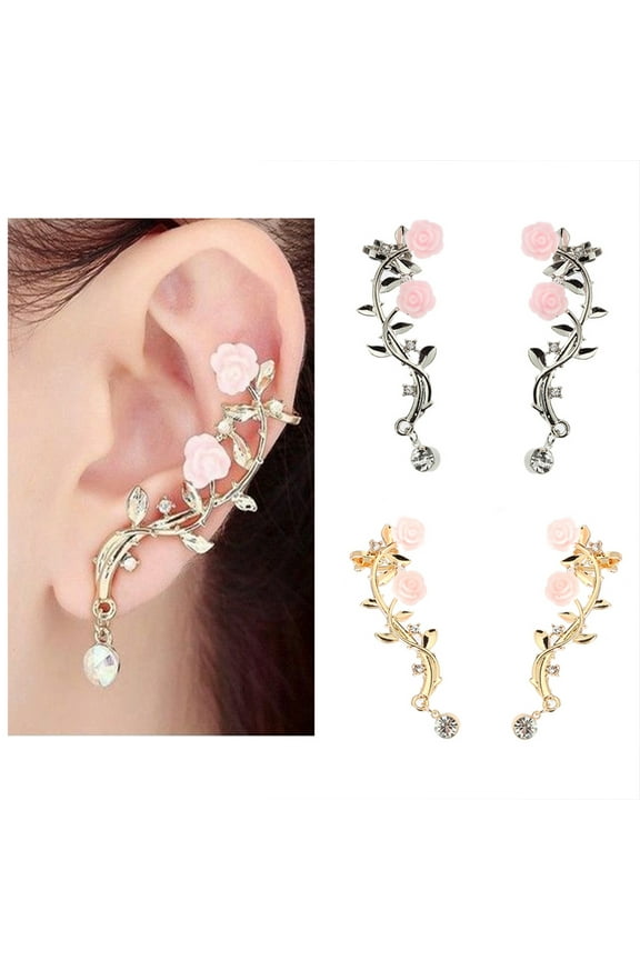 2 Pcs Vintage Women Rose Flower Branch Rhinestone Climber Crawler Earrings Ear Jewelry-Golden
