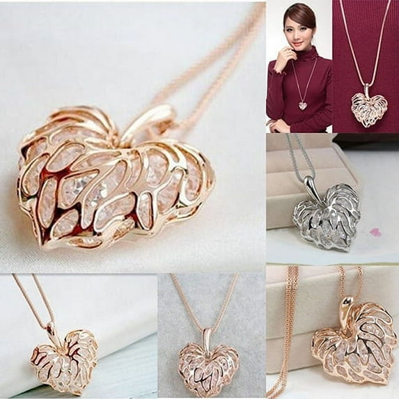 Yesbay 2 Pcs Women Hollow Heart Bib Statement Long Sweater Chain Necklace Jewelry-Gold