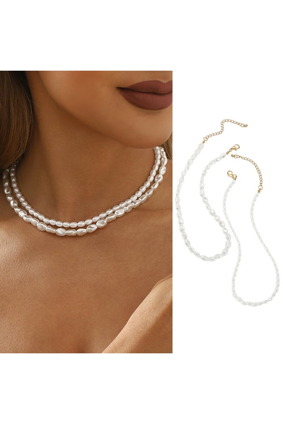 2 Pcs Women Necklace Retro Stackable Double-layer Faux Pearl Smooth Lobster Clip Neck Jewelry Party Prom Bride Choker
