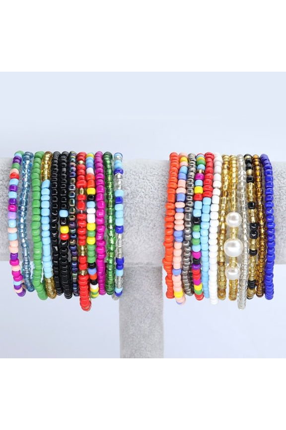 24 Pcs Beach Bead Anklets Set Colorful Rainbow Elastic Elastic Stackable Beaded Stretch Anklets Summer Vacation Jewelry