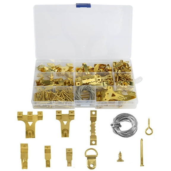 Yesbay 250Pcs/Set Picture Hanging Kit Assorted Clock Hangers Includes Nails Wires Screw Eyes D Rings Sawtooth Hooks with Box for Wall Mounting
