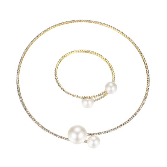 Yesbay 2Pcs/Set Women Elegant Jewelry Set Shiny Rhinestones Faux Pearls Adjustable Open Collar Necklace Bangle Set
