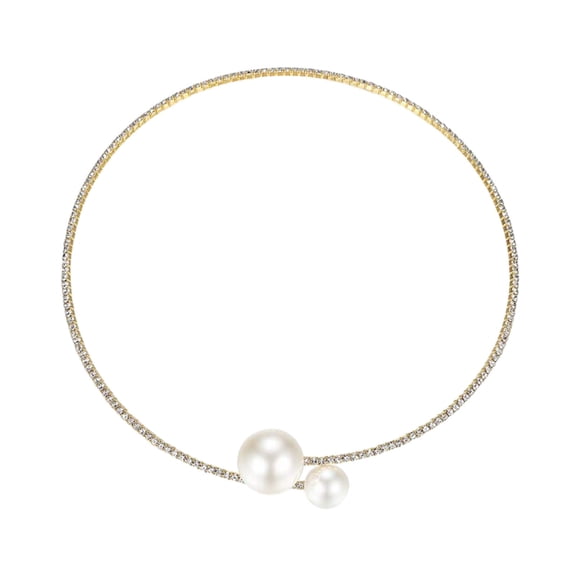 Yesbay 2Pcs/Set Women Elegant Jewelry Set Shiny Rhinestones Faux Pearls Adjustable Open Collar Necklace Bangle Set
