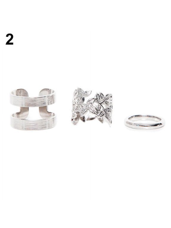 3Pcs Leaf Midi Finger Rings Set Silver Gold Stack Band Rings-Silver