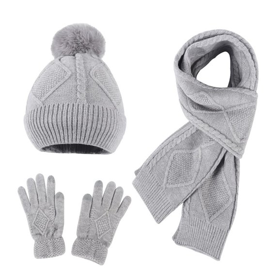Yesbay 3Pcs/Set Women Hat Scarf Gloves Set Plush Ball Decor Knitting Hat Long Scarf Touch Screen Gloves Set