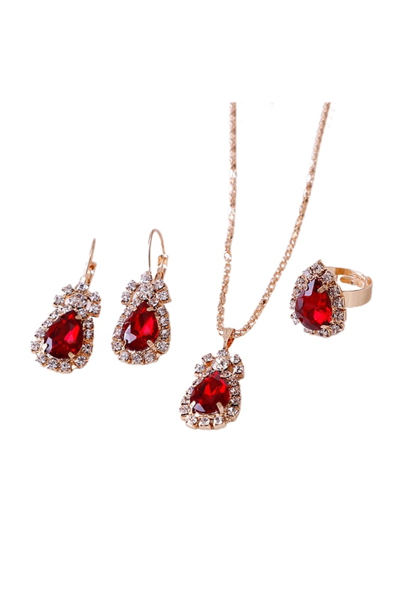3Pcs/Set Women Water Drop Bright Alloy Rhinestone Pendant Necklace Earrings Ring Jewelry Set for Valentine Day,Red
