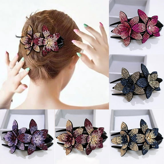 Yesbay 4 Pcs Women Elegant Flexible Rhinestone Flower Duckbill Hair Clip Hairpin Claw Gift 1#