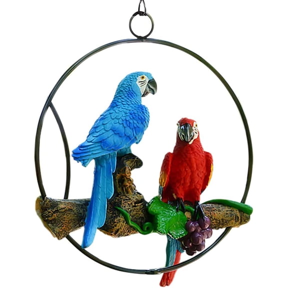 Sunnyway Hanging Parrots for Patio Resin Parrot Hanging Statue Garden Decor Perch Bird Macaw Sculpture On Metal Ring for Patio Lawn Home Garden Tree Decoration Animal Landscape Ornament (Blue&Red)