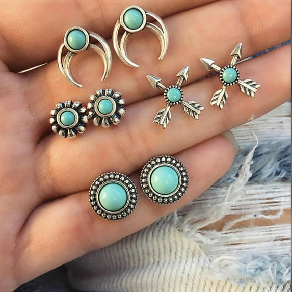 Yesbay 4Pairs Women Flower Arrow Ear Studs Set Faux Turquoise Jewelry Earrings
