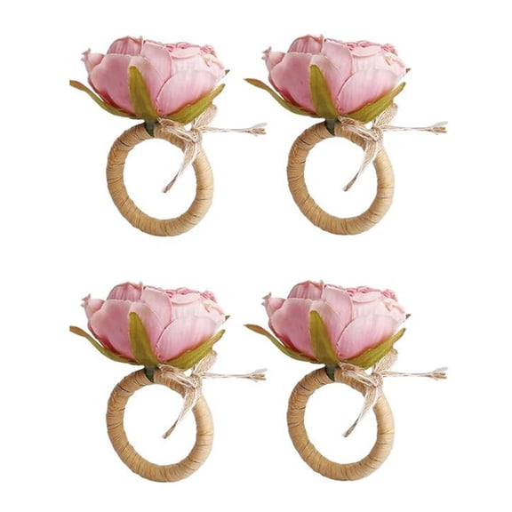 Yesbay 4Pcs Flower Napkin Ring Handmade Rose Napkin Ring with Bow Tie Rustic Dinner Napkin Holder for Valentine's Day Wedding Parties