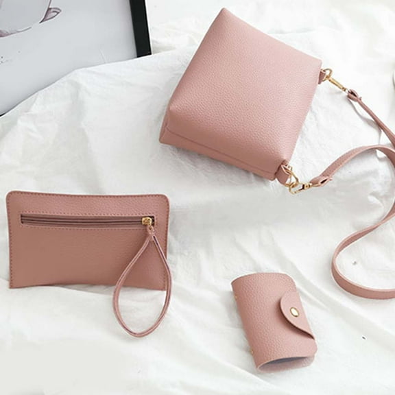 Yesbay 4Pcs Women Lychee Texture Tote Crossbody Shoulder Bag Clutch Card Holder,Pink