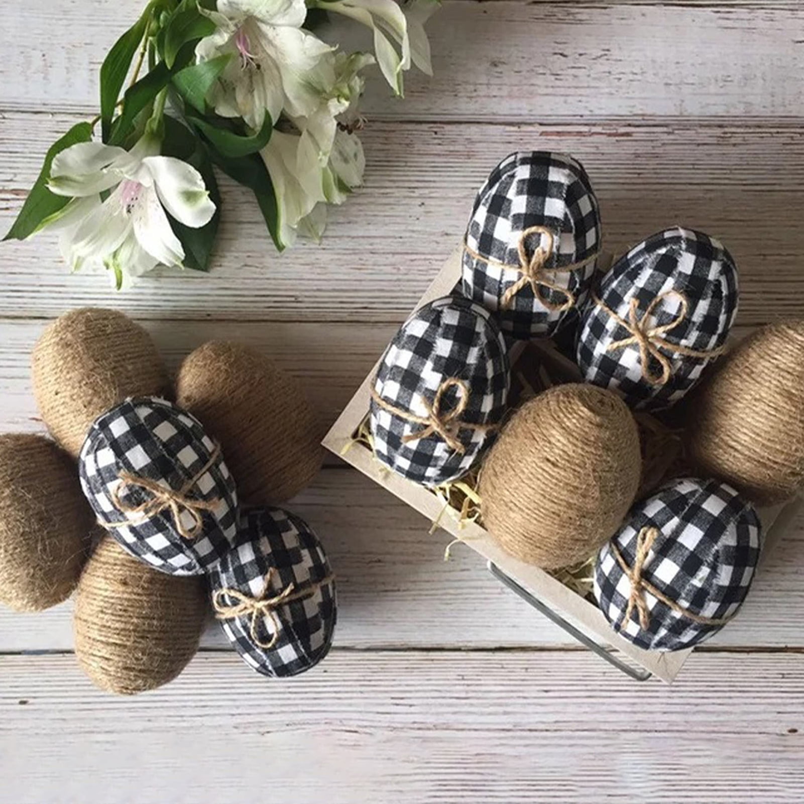 Yesbay 5 Pcs/Set Easter Eggs Pendants Contrast Color Plaid Print with Strap Realistic Egg Fabric Cover Decorative Reusable Happy Easter Egg Decoration Toys Easter Supplies