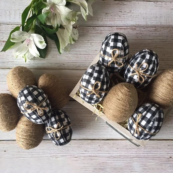 Yesbay 5 Pcs/Set Easter Eggs Pendants Contrast Color Plaid Print with Strap Realistic Egg Fabric Cover Decorative Reusable Happy Easter Egg Decoration Toys Easter Supplies
