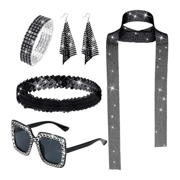 Yesbay 5 Pcs/Set Women Jewelry Set Sequin Rhinestone Decor Vintage 60s 70s Disco Party Favors Cosplay Earrings Sunglasses Bracelet Headband Scarf Set