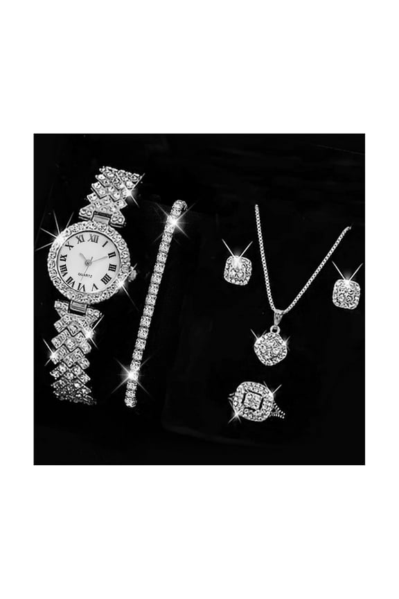 5 Pcs/Set Women Luxury Shiny Rhinestone Jewelry Set Round Dial Quartz Watch Charm Necklace Stud Earrings Finger Ring Set