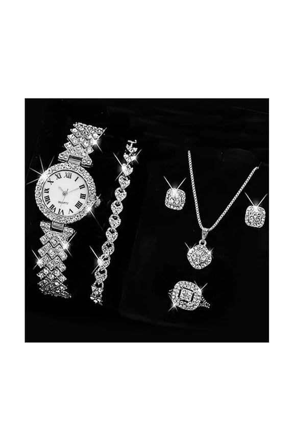 5 Pcs/Set Women Luxury Shiny Rhinestone Jewelry Set Round Dial Quartz Watch Charm Necklace Stud Earrings Finger Ring Set