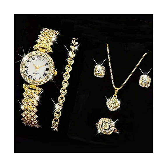 Yesbay 5 Pcs/Set Women Luxury Shiny Rhinestone Jewelry Set Round Dial Quartz Watch Charm Necklace Stud Earrings Finger Ring Set