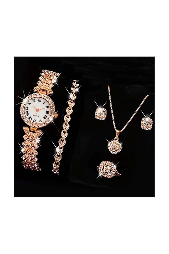 5 Pcs/Set Women Luxury Shiny Rhinestone Jewelry Set Round Dial Quartz Watch Charm Necklace Stud Earrings Finger Ring Set