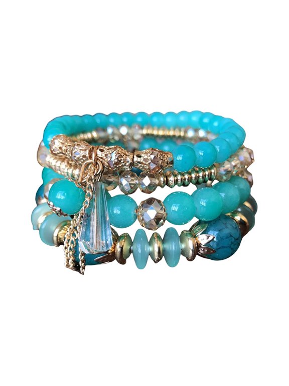 5 Pcs Women Bracelets Faux Crystal Smooth Multi Pendant Jewelry Retro Bohemian Style with Elastic Cord Multi-layered Stackable Bracelet Set