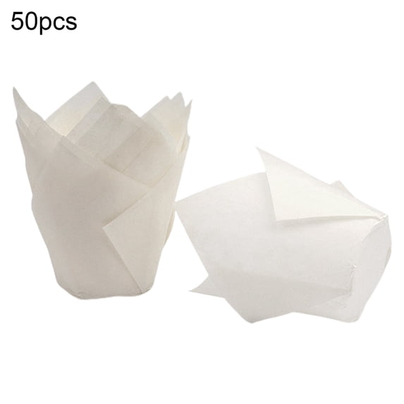 Yesbay 50Pcs Tulip Flower Shape Muffin Cup Disposable Paper Holiday Party Cupcake Liner Kitchen Tools,White